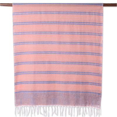 Bufanda de algodón - Bufanda de algodón melocotón tejida a mano con rayas azules de la India