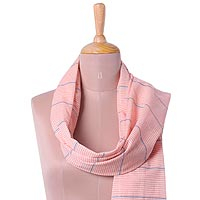 Cotton scarf, 'Shimmering Stripes in Peach' - Peach and Indigo Striped Cotton Scarf from India