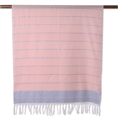 Cotton scarf, 'Shimmering Stripes in Peach' - Peach and Indigo Striped Cotton Scarf from India