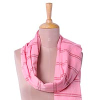 Cotton scarf, 'Lovely Pink' - Hand Woven Pink Striped Cotton Wrap Scarf from India