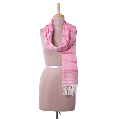 Bufanda de algodón - Bufanda cruzada de algodón a rayas rosas tejida a mano de la India
