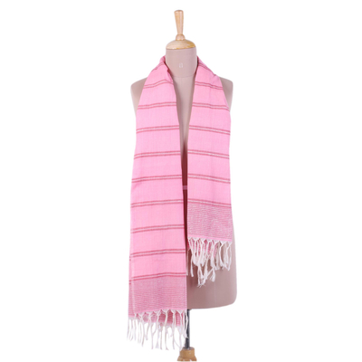 Bufanda de algodón - Bufanda cruzada de algodón a rayas rosas tejida a mano de la India
