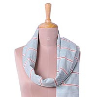 Cotton scarf, 'Shimmering Stripes in Ruby' - Teal and Red Striped Cotton Wrap Scarf from India