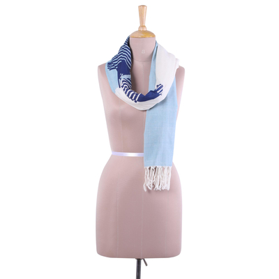 Cotton scarf, 'Sky Blue Whisper' - Hand Woven Sky Blue 100% Cotton Wrap Scarf from India