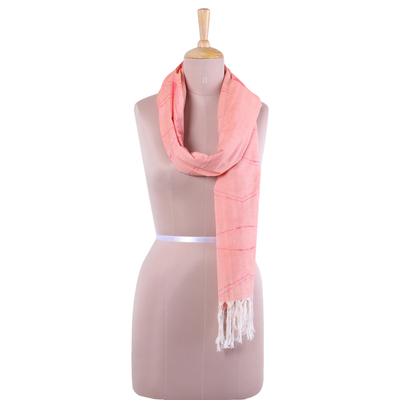 Cotton scarf, 'Whimsical in Peach' - Hand Woven Peach 100% Cotton Wrap Scarf from India