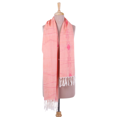Cotton scarf, 'Whimsical in Peach' - Hand Woven Peach 100% Cotton Wrap Scarf from India