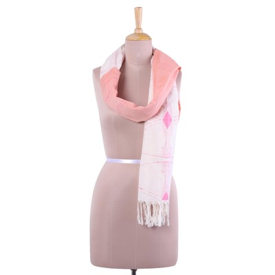 Cotton scarf, 'Ebullient in Peach' - Hand Woven Peach and Off White Cotton Scarf from India