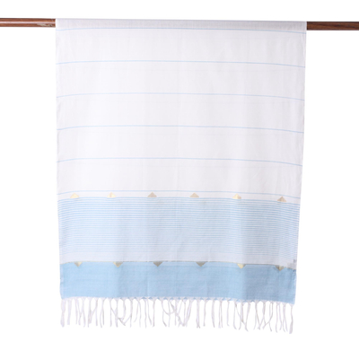 Baumwollschal, 'Sea Stripes' - Handgewebter pfirsichfarbener Baumwollschal mit blauen Streifen aus Indien
