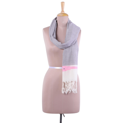 Cotton scarf, 'Lavender Delight' - Hand Woven Lavender Striped 100% Cotton Scarf from India