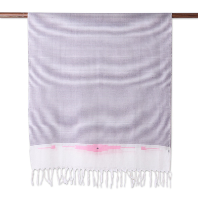 Baumwollschal - Handgewebter Lavendel-gestreifter Schal aus 100 % Baumwolle aus Indien
