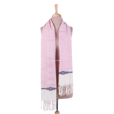Cotton scarf, 'Pink Delight' - Hand Woven Pink Striped 100% Cotton Wrap Scarf from India