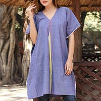 Cotton caftan, 'Cool Water' - Hand Woven Blue Cotton Cover Up from India
