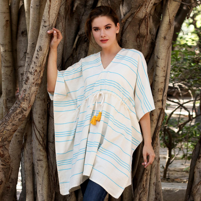 Cotton caftan, 'Turquoise Waves' - Striped Cotton Thorthu Beach Cover-Up Caftan from India