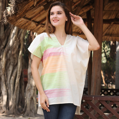 Cotton tunic, 'Distant Horizons' - Artisan Handwoven Striped Cotton Tunic from India