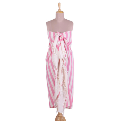 Cotton sarong, 'Beach Day in Light Pink' - Hand Woven Pink and White Striped Cotton Sarong from India