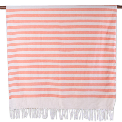 Cotton sarong, 'Beach Day in Melon' - Hand Woven Orange and White Striped Cotton Sarong from India
