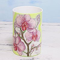Decoupage porcelain vase, 'Orchid Ecstasy' - Decoupage Porcelain Orchid Design Vase from India