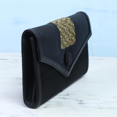 Satin and leather accent clutch, 'Evening Elegance' - Embroidered Black Satin Clutch from India
