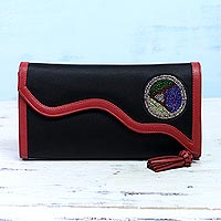 Leather accent satin clutch, 'Worldly Beauty' - Leather Accent Embroidered Satin Clutch from India