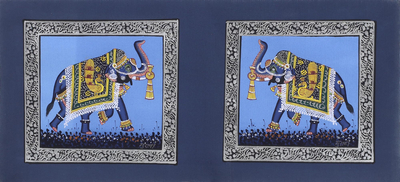 Miniature painting, 'Triumphant Blue Elephants' - Signed India Miniature Folk Art Painting of Blue Elephants