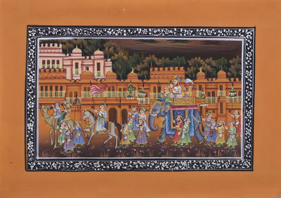 Miniature painting, 'Majestic Cavalcade' - Indian Miniature Painting on Tangerine Orange Silk