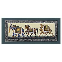 Miniature painting, 'Three Majestic Steeds' - Mughal Miniature Elephant - Horse - Camel Painting on Silk