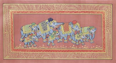Indian Elephant Theme Miniature Painting on Nutmeg Silk