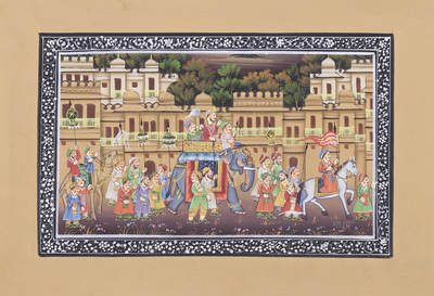 Miniature Silk Portrait of a Royal Mughal Parade at Sunset