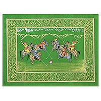 Miniature painting, 'Polo on the Lawn' - Indian Polo Game Theme Signed Miniature Painting on Silk