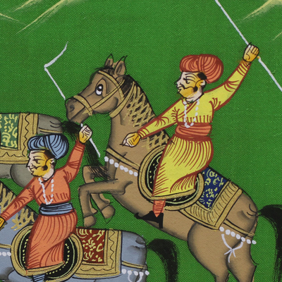 Miniatur-Gemälde, „Polo auf dem Rasen“. - Thema des indischen Polospiels Signierte Miniaturmalerei auf Seide