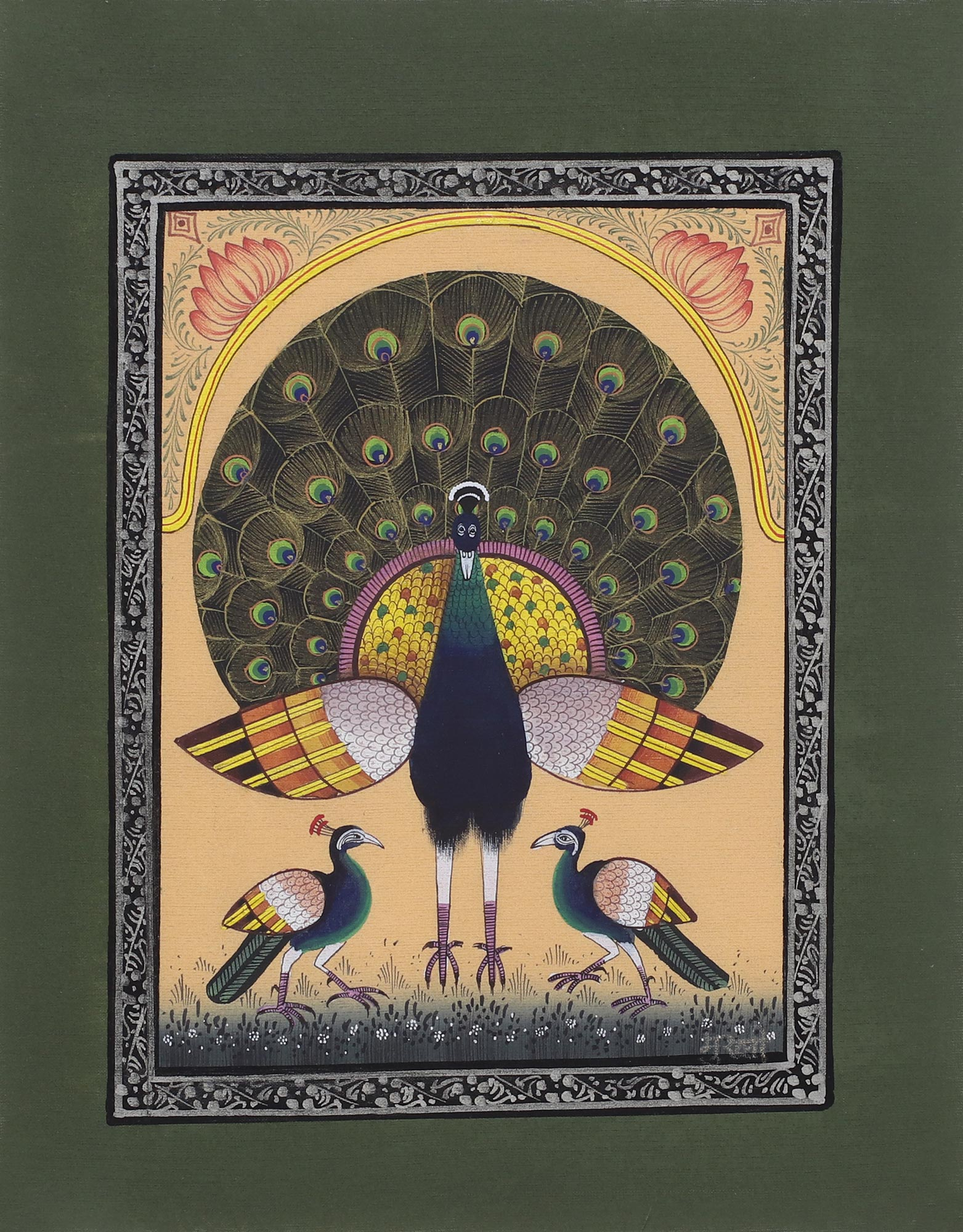 Signed Peacock Theme Indian Miniature Painting on Silk - Green Peacock ...