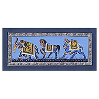 Miniature painting, 'Blue Majestic Steeds' - India Traditional Art Animal Theme Blue Miniature Painting