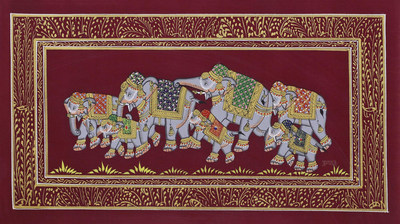 Burgundy Silk Elephant Folk Art Painting from India