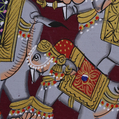 Pintura en miniatura, 'Manada de elefantes reales de Borgoña' - Pintura de arte popular de elefante de seda de Borgoña de la India