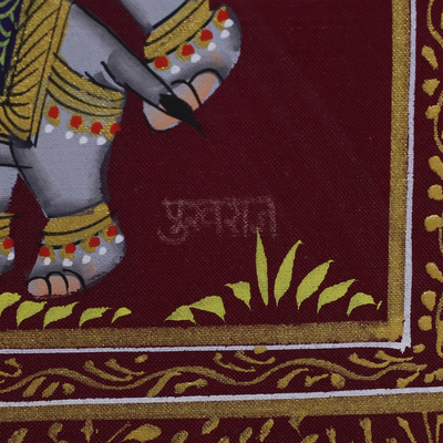 Miniature painting, 'Burgundy Royal Elephant Herd' - Burgundy Silk Elephant Folk Art Painting from India