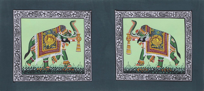 Signed India Miniature Folk Art Painting of Green Elephants