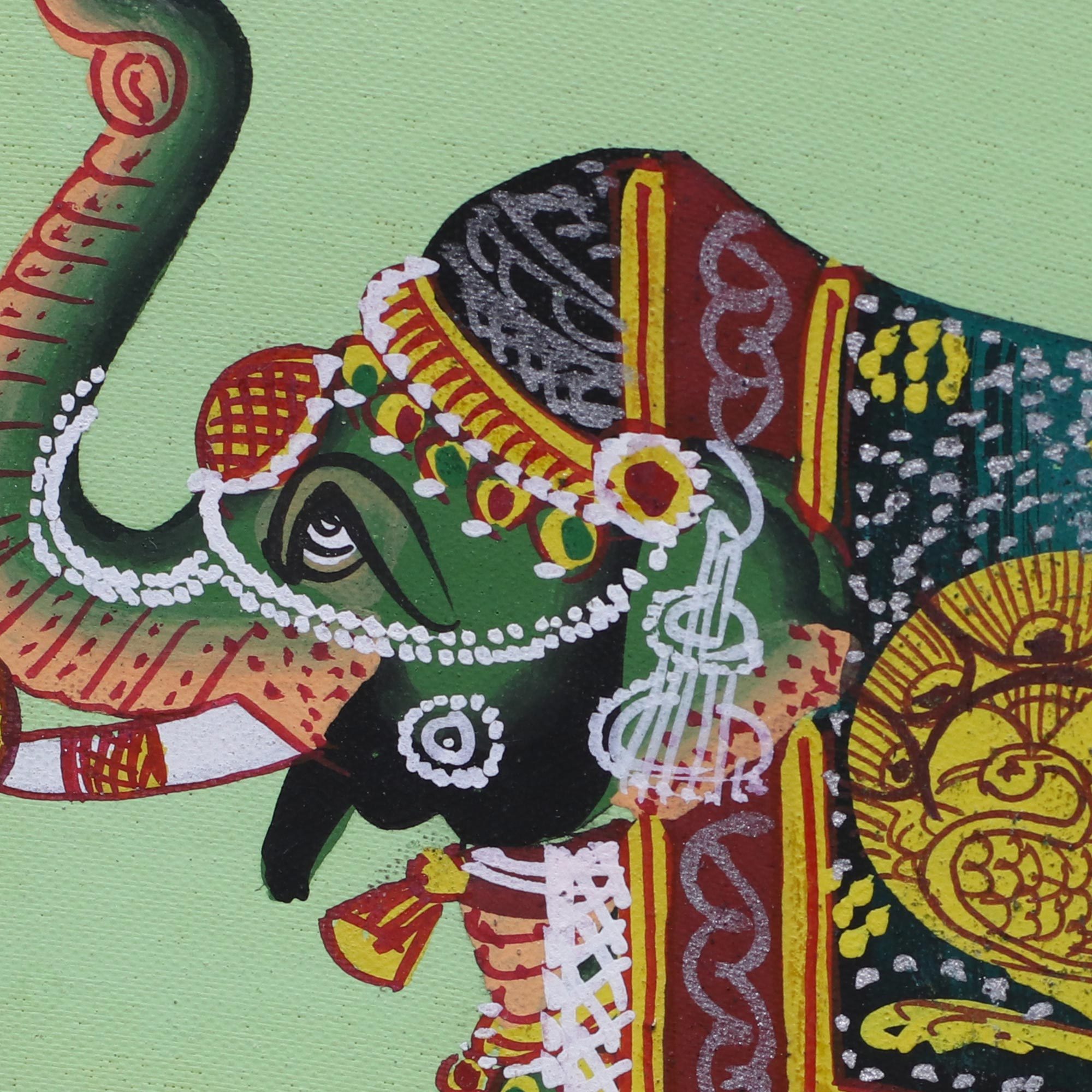 Signed India Miniature Folk Art Painting of Green Elephants