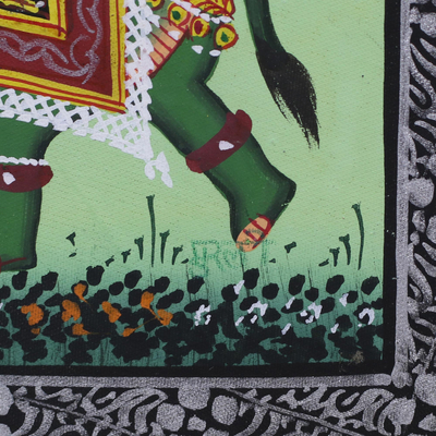 Pintura en miniatura, 'Elefantes verdes triunfantes' - Pintura de arte popular en miniatura de la India firmada de elefantes verdes