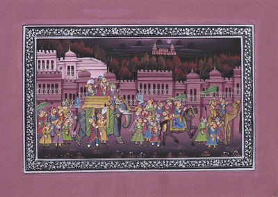 Miniature painting, 'Majestic Bliss' - Indian Miniature Painting on Silk in Cashmere Rose Tones