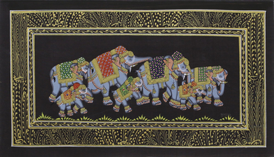 Miniature painting, 'Black Royal Elephant Herd' - Elephant Theme Mughal Indian Miniature Painting on Silk
