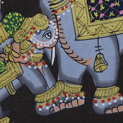 Miniature painting, 'Black Royal Elephant Herd' - Elephant Theme Mughal Indian Miniature Painting on Silk