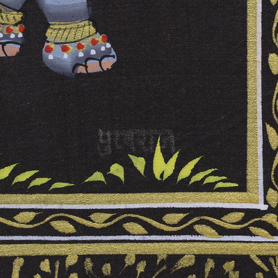 Pintura en miniatura, 'Manada de elefantes reales negros' - Tema de elefante Pintura en miniatura india mogol sobre seda