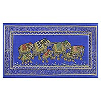 Miniature painting, 'Blue Royal Elephant Herd' - Blue Silk Elephant Folk Art Miniature Painting from India
