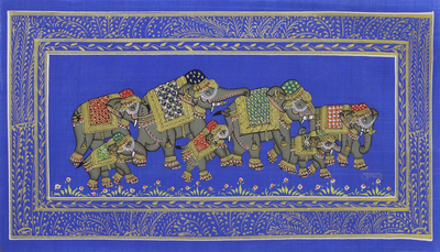 Blue Silk Elephant Folk Art Miniature Painting from India