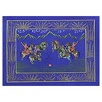 Miniature painting, 'Polo on Blue' - Blue Silk Polo Theme Signed Miniature Painting from India