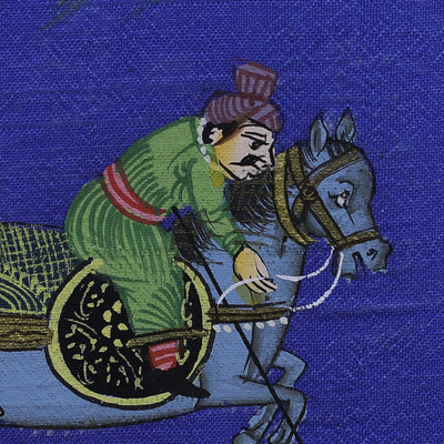 Miniature painting, 'Polo on Blue' - Blue Silk Polo Theme Signed Miniature Painting from India