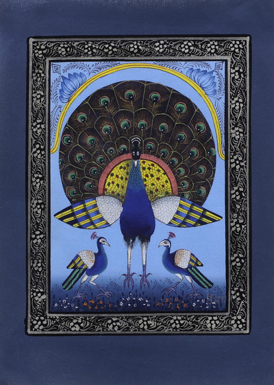 Signed Peacock Theme Blue Silk Indian Miniature Painting