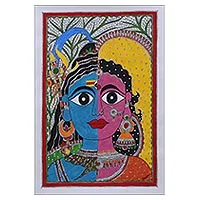 pintura madhubani - Pintura hindú Madhubani firmada de Shiva y Parvati