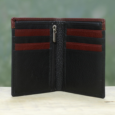 Men's leather wallet, 'Natural Harmony in Black' - Handsome Leather Wallet for Men in Black and Mahogany