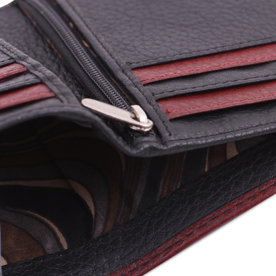Men's leather wallet, 'Natural Harmony in Black' - Handsome Leather Wallet for Men in Black and Mahogany